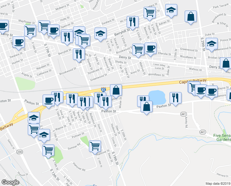 map of restaurants, bars, coffee shops, grocery stores, and more near 2020 Manada Street in Harrisburg