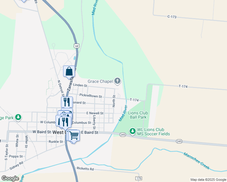 map of restaurants, bars, coffee shops, grocery stores, and more near 507 Linden Street in West Liberty