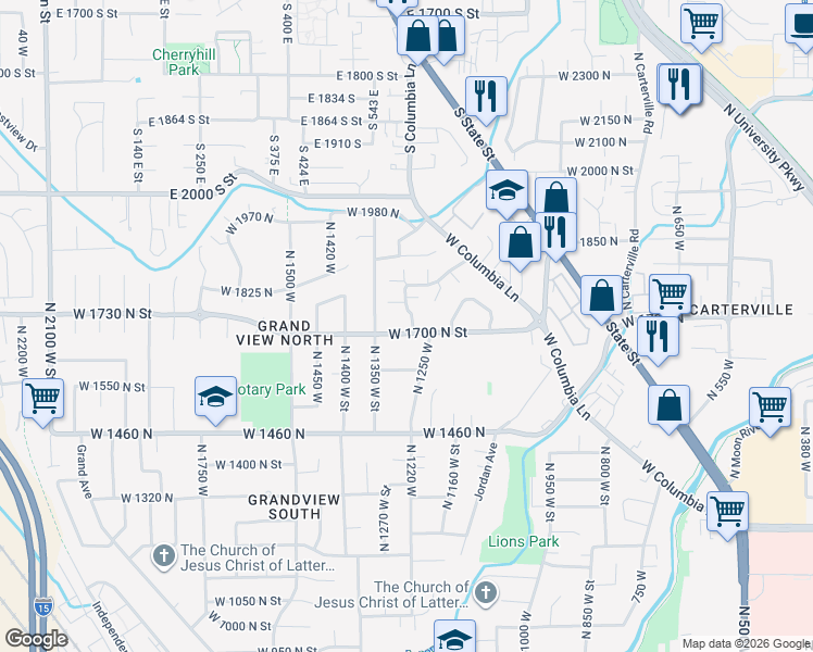 map of restaurants, bars, coffee shops, grocery stores, and more near 1747 Cobblestone Drive in Provo