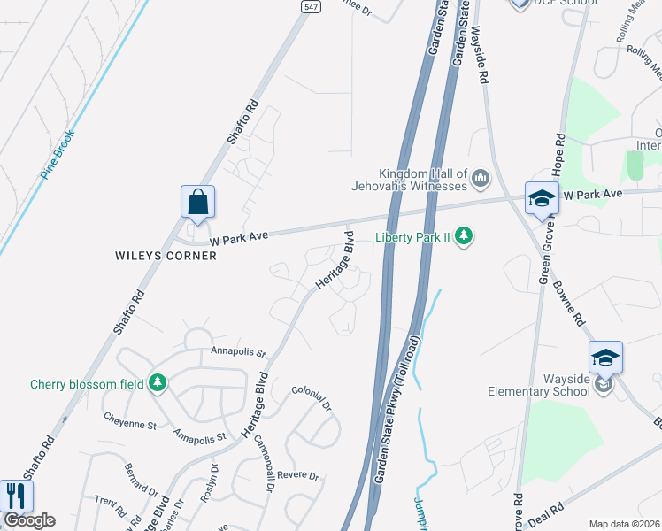 map of restaurants, bars, coffee shops, grocery stores, and more near 86 Madison Court in Tinton Falls
