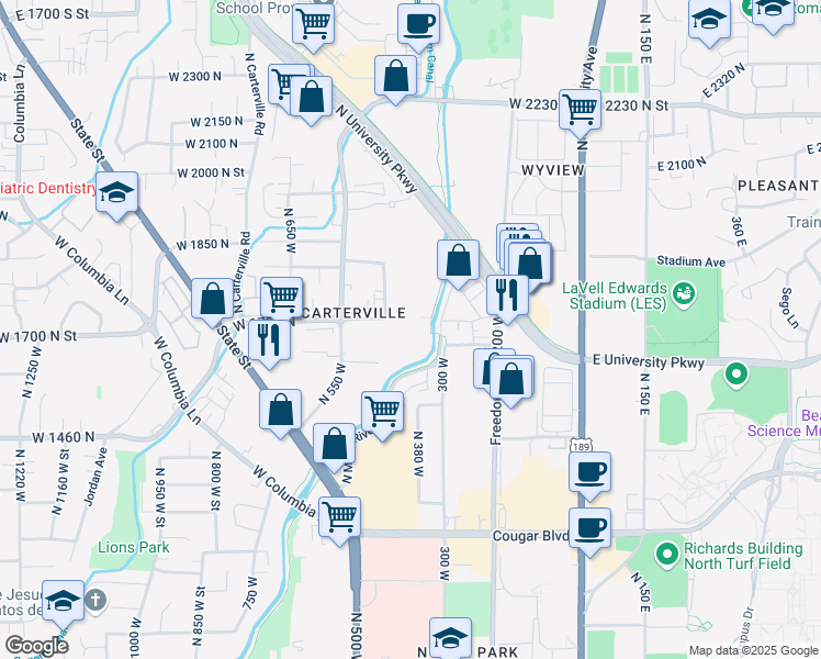 map of restaurants, bars, coffee shops, grocery stores, and more near 449 West 1720 North in Provo