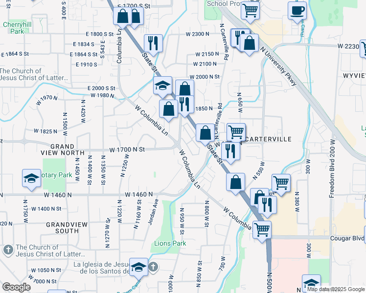 map of restaurants, bars, coffee shops, grocery stores, and more near 1750 North 950 West Street in Provo