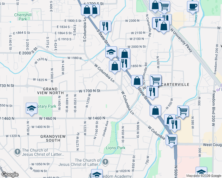 map of restaurants, bars, coffee shops, grocery stores, and more near 1115 Columbia Lane in Provo
