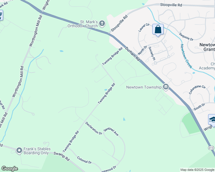 map of restaurants, bars, coffee shops, grocery stores, and more near 130 Twining Bridge Road in Newtown