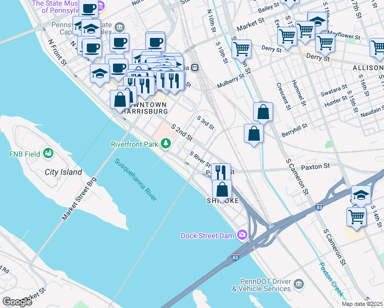 map of restaurants, bars, coffee shops, grocery stores, and more near 118 Washington Street in Harrisburg