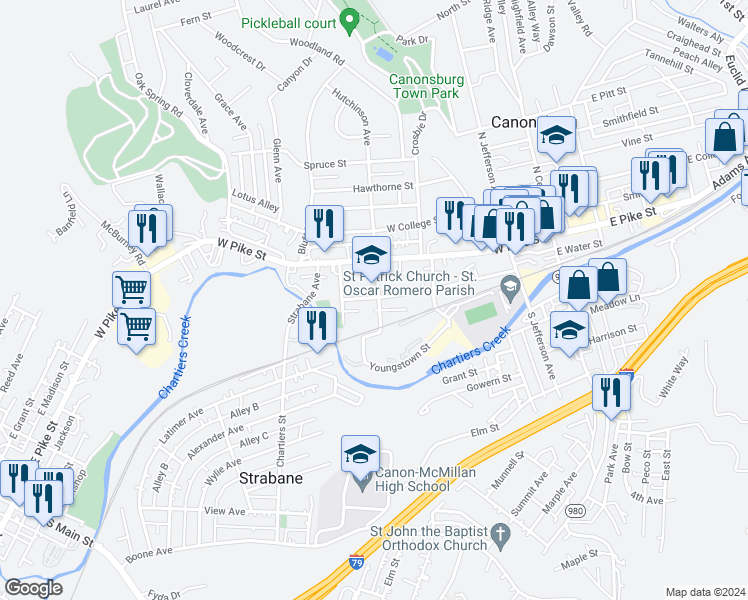 map of restaurants, bars, coffee shops, grocery stores, and more near 203 Murdock Street in Canonsburg