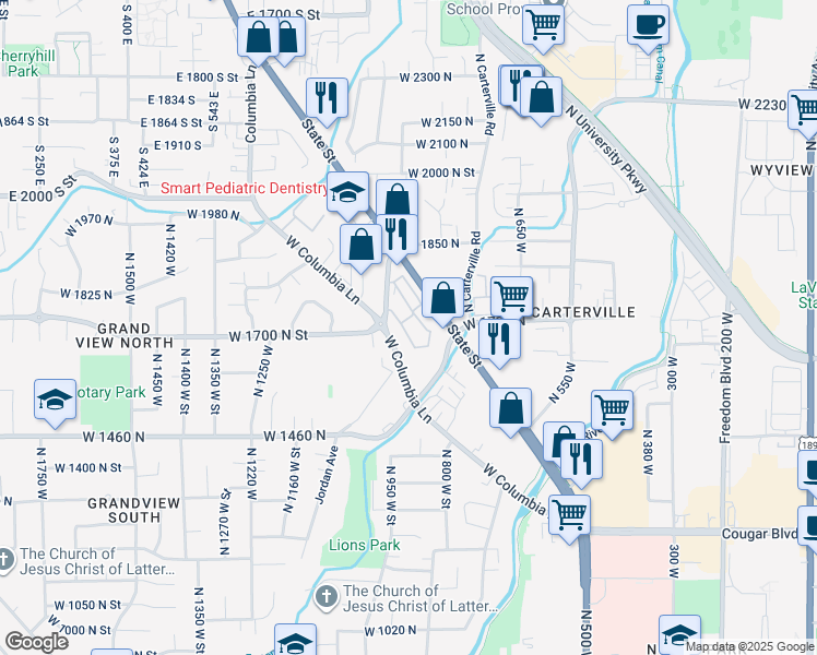 map of restaurants, bars, coffee shops, grocery stores, and more near 1676 Hickory Lane in Provo