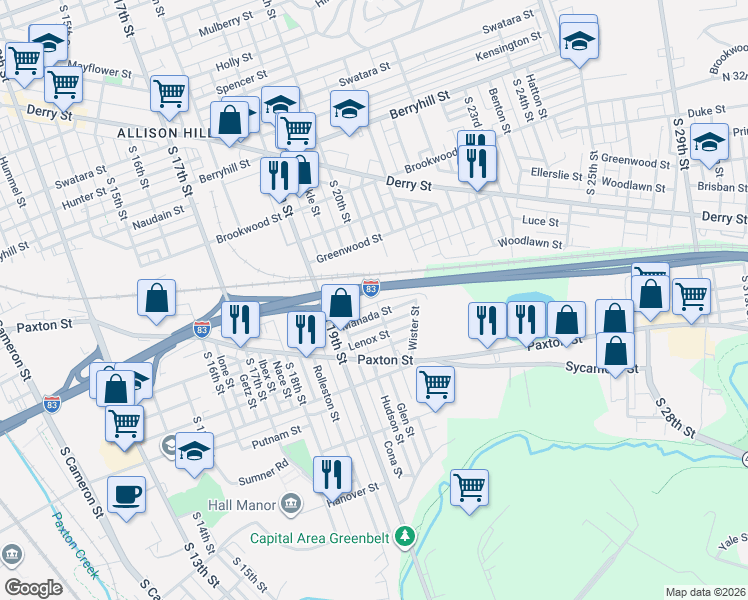map of restaurants, bars, coffee shops, grocery stores, and more near 838 South 20th Street in Harrisburg