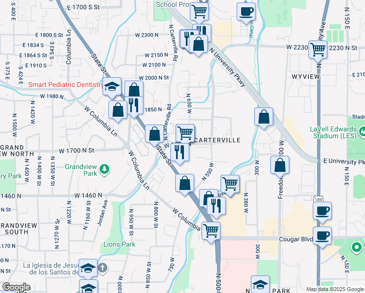 map of restaurants, bars, coffee shops, grocery stores, and more near 1700 North State Street in Provo