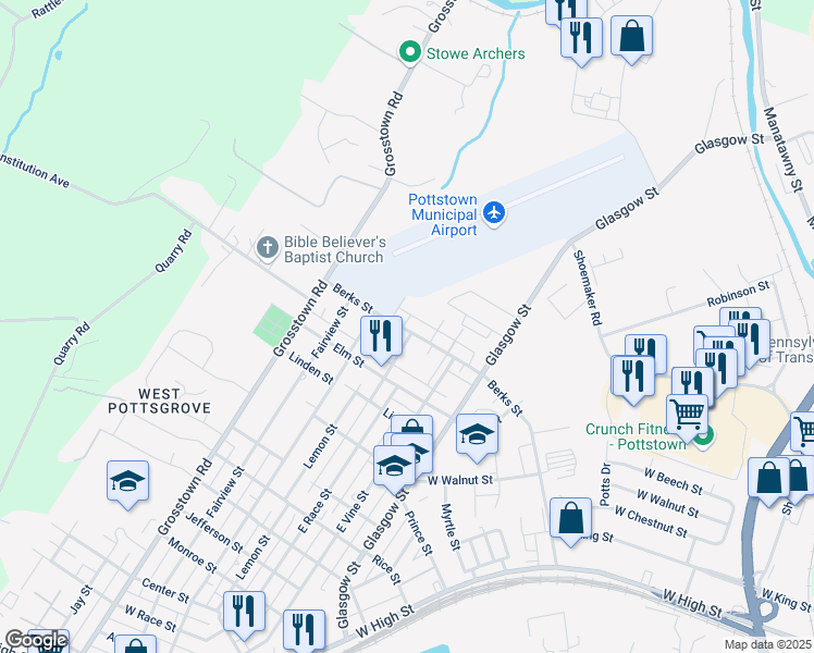 map of restaurants, bars, coffee shops, grocery stores, and more near 260 Berks Street in Stowe