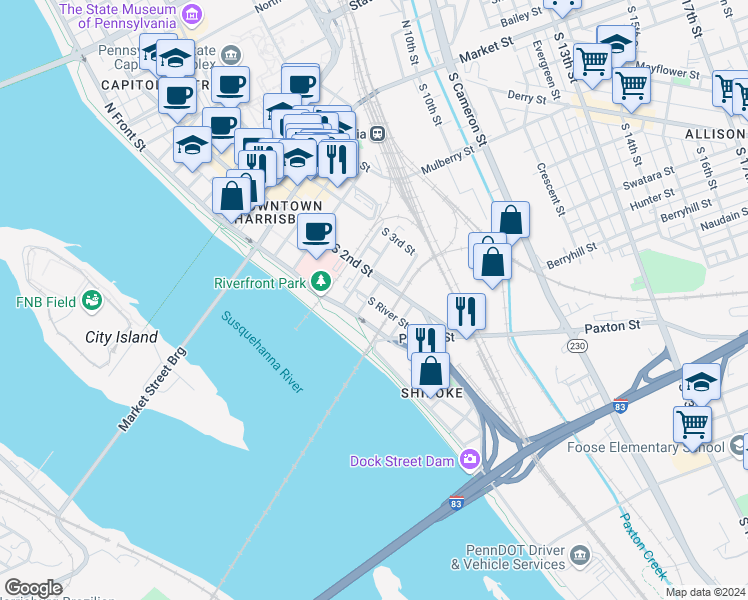 map of restaurants, bars, coffee shops, grocery stores, and more near 113 Washington Street in Harrisburg