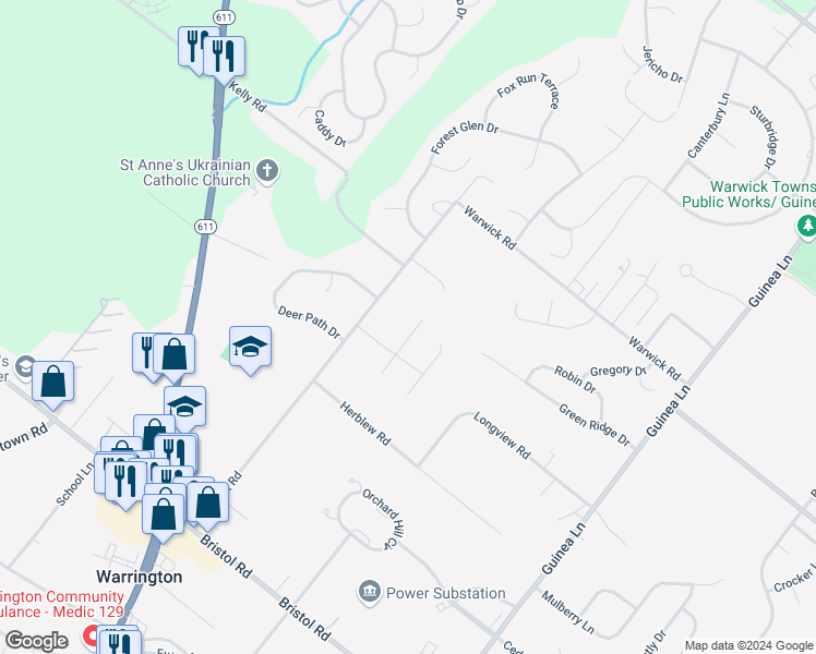 map of restaurants, bars, coffee shops, grocery stores, and more near 1542 East Cobblestone Circle in Warrington