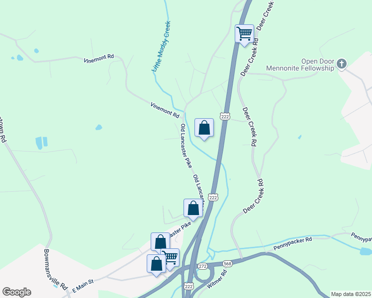 map of restaurants, bars, coffee shops, grocery stores, and more near 2105 Old Lancaster Pike in Reinholds
