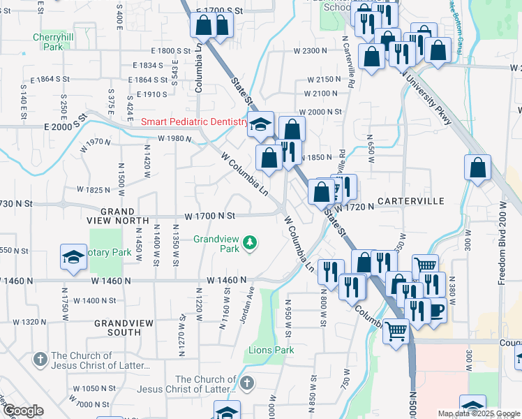 map of restaurants, bars, coffee shops, grocery stores, and more near 982 West 1700 North Street in Provo