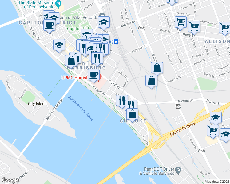 map of restaurants, bars, coffee shops, grocery stores, and more near 113 Washington Street in Harrisburg