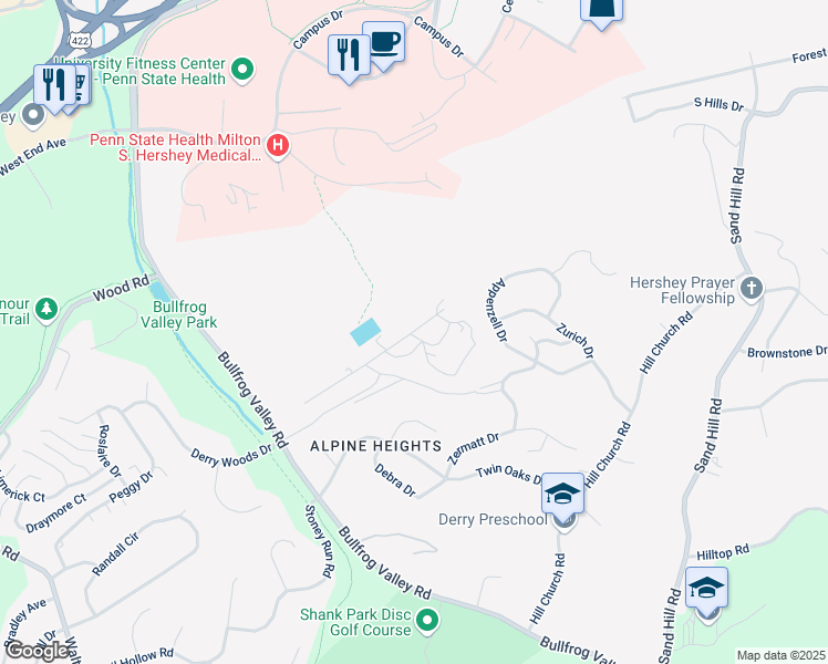 map of restaurants, bars, coffee shops, grocery stores, and more near 821 Rhue Haus Lane in Hummelstown