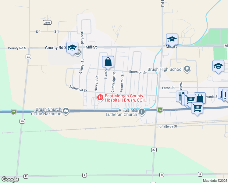 map of restaurants, bars, coffee shops, grocery stores, and more near 308 Princeton Street in Brush