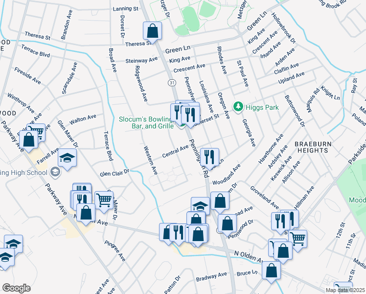 map of restaurants, bars, coffee shops, grocery stores, and more near 8 Central Avenue in Ewing Township
