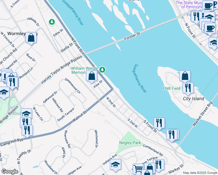 map of restaurants, bars, coffee shops, grocery stores, and more near 12 Walnut Street in Wormleysburg
