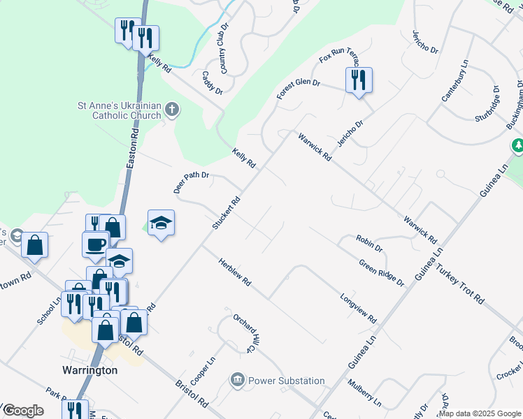 map of restaurants, bars, coffee shops, grocery stores, and more near 1542 East Cobblestone Circle in Warrington