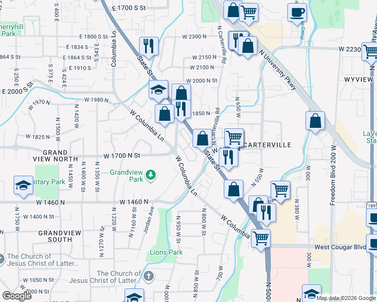 map of restaurants, bars, coffee shops, grocery stores, and more near 1674 Hickory Lane in Provo