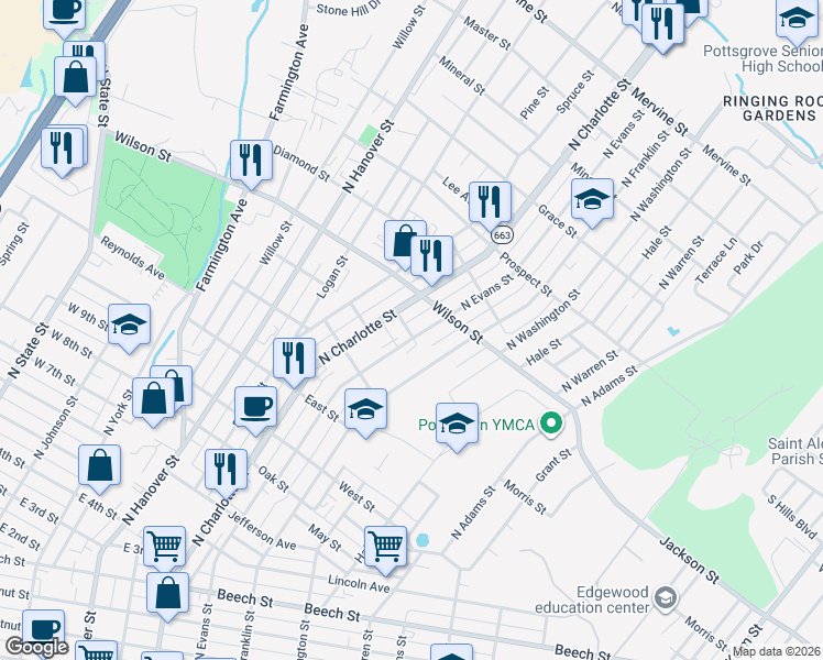 map of restaurants, bars, coffee shops, grocery stores, and more near 775 North Evans Street in Pottstown