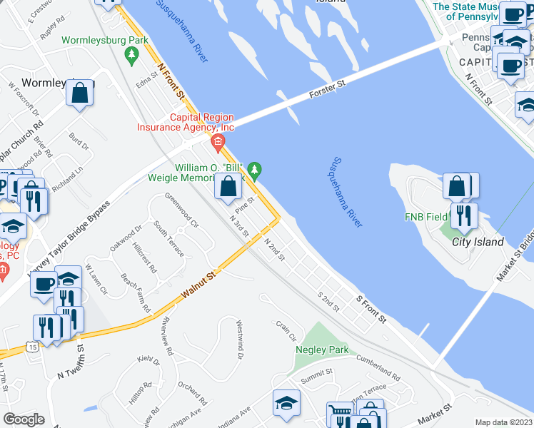 map of restaurants, bars, coffee shops, grocery stores, and more near 212 North Front Street in Wormleysburg