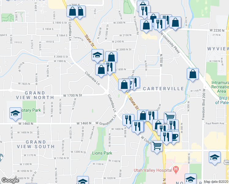 map of restaurants, bars, coffee shops, grocery stores, and more near 1673 Hickory Lane in Provo