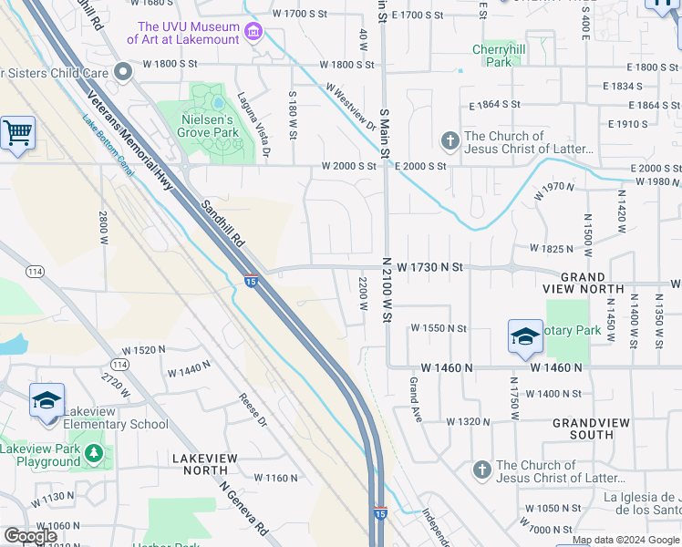 map of restaurants, bars, coffee shops, grocery stores, and more near 1679 North 2250 West in Provo