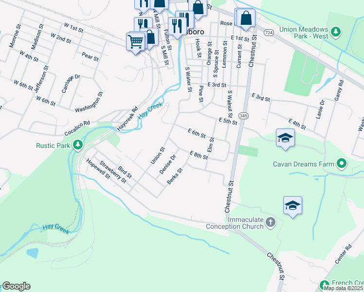map of restaurants, bars, coffee shops, grocery stores, and more near 435 East 8th Street in Birdsboro