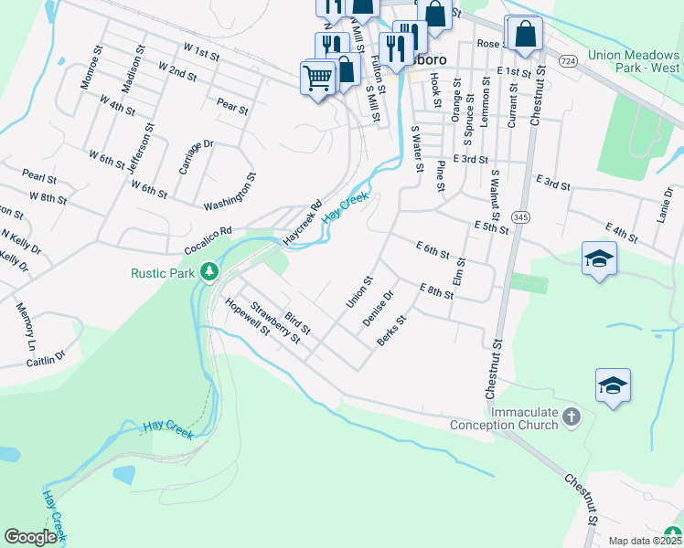 map of restaurants, bars, coffee shops, grocery stores, and more near 212 Cole Court in Birdsboro