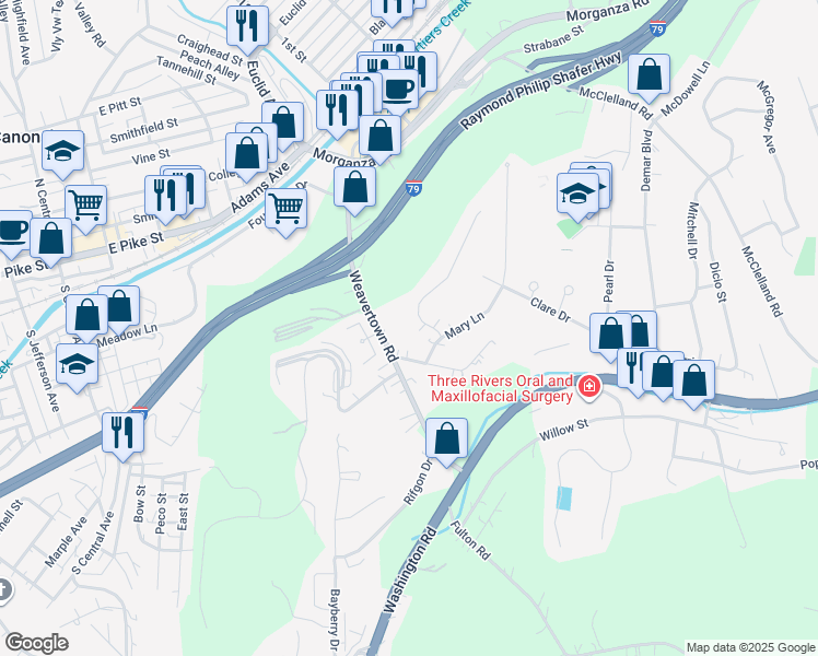 map of restaurants, bars, coffee shops, grocery stores, and more near 1000 Highland Drive in Canonsburg
