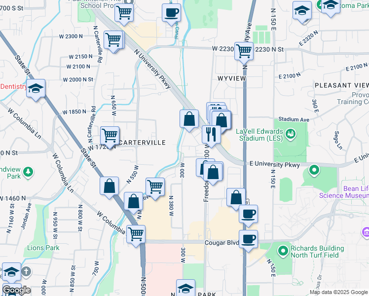 map of restaurants, bars, coffee shops, grocery stores, and more near 1675 North Freedom Boulevard in Provo