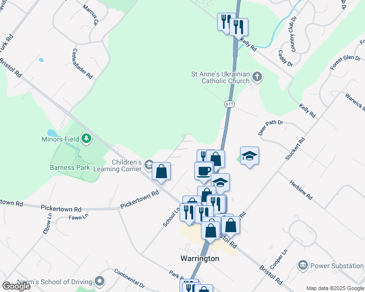 map of restaurants, bars, coffee shops, grocery stores, and more near 100 Fiddleleaf Lane in Warrington