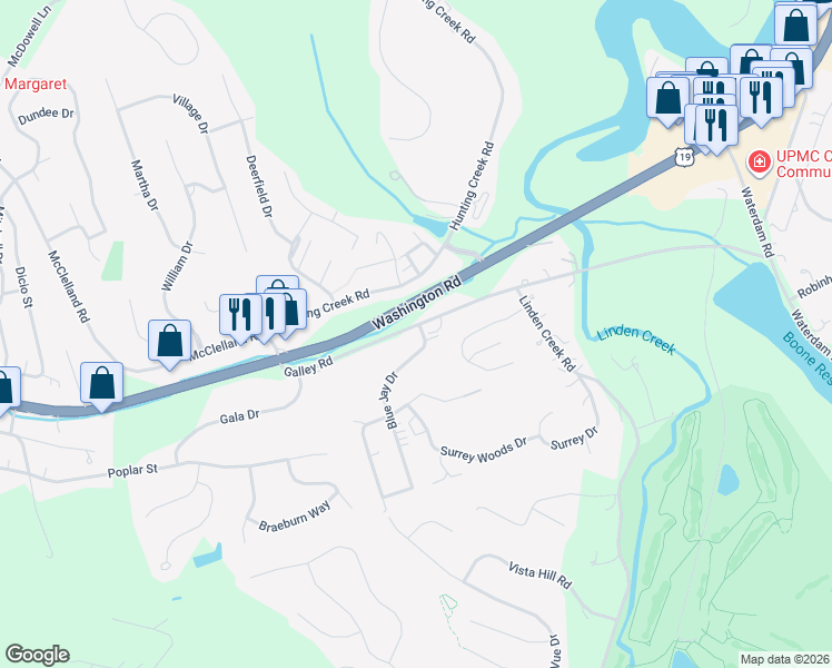 map of restaurants, bars, coffee shops, grocery stores, and more near 160 Galley Road in Canonsburg