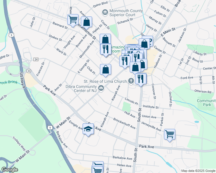 map of restaurants, bars, coffee shops, grocery stores, and more near 86 West Main Street in Freehold