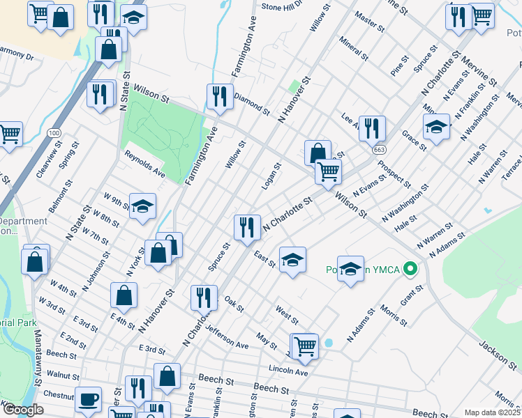 map of restaurants, bars, coffee shops, grocery stores, and more near 668 Spruce Street in Pottstown