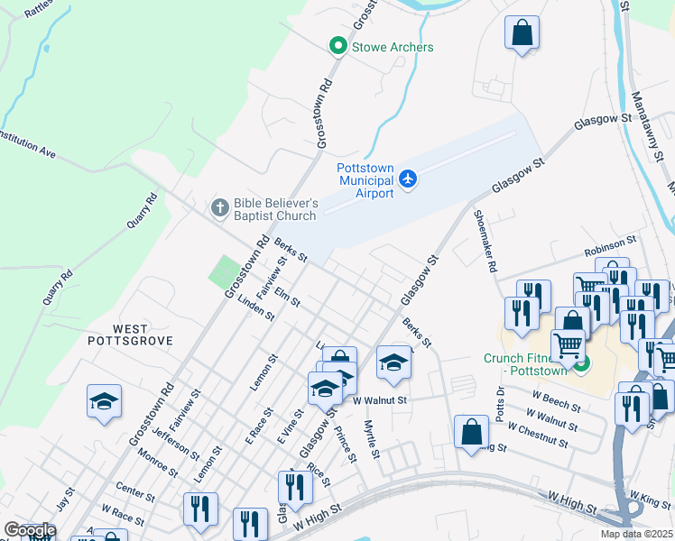 map of restaurants, bars, coffee shops, grocery stores, and more near 260 Berks Street in Stowe