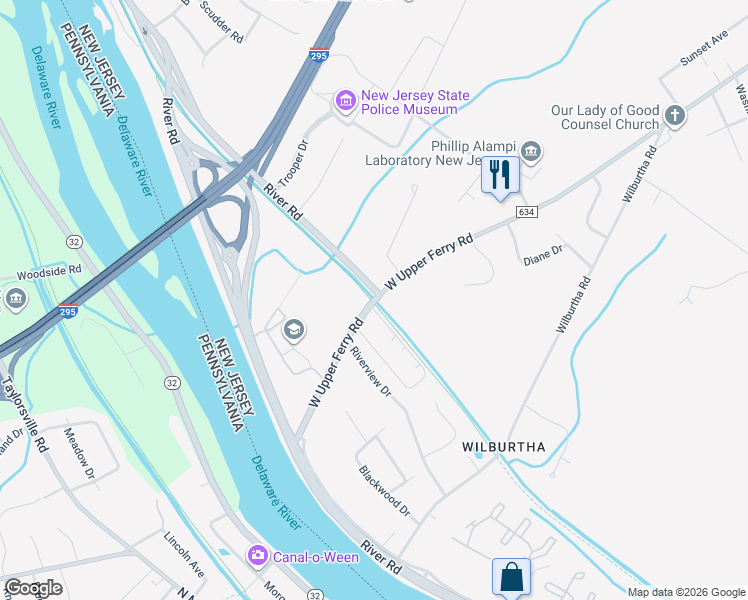 map of restaurants, bars, coffee shops, grocery stores, and more near 322 West Upper Ferry Road in Ewing Township