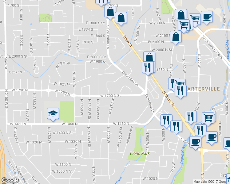 map of restaurants, bars, coffee shops, grocery stores, and more near 1754 Cobblestone Drive in Provo