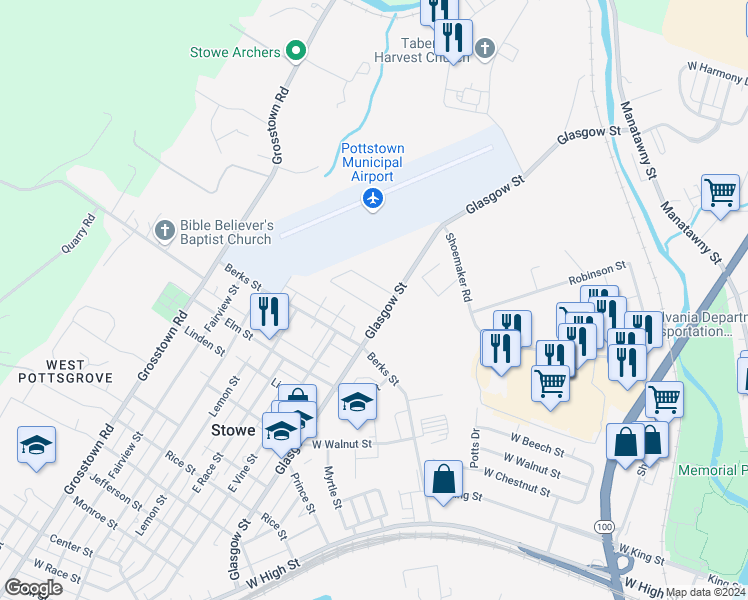 map of restaurants, bars, coffee shops, grocery stores, and more near 58 Anthony Wayne Drive in Stowe