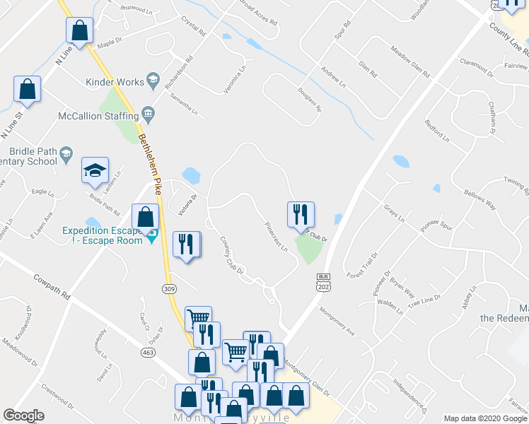 map of restaurants, bars, coffee shops, grocery stores, and more near 180 Pinecrest Lane in Lansdale