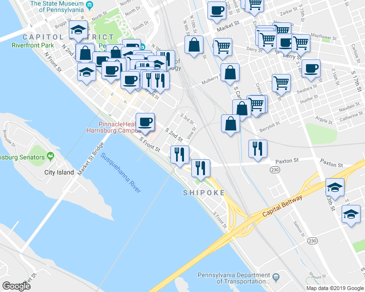 map of restaurants, bars, coffee shops, grocery stores, and more near 316 South 2nd Street in Harrisburg