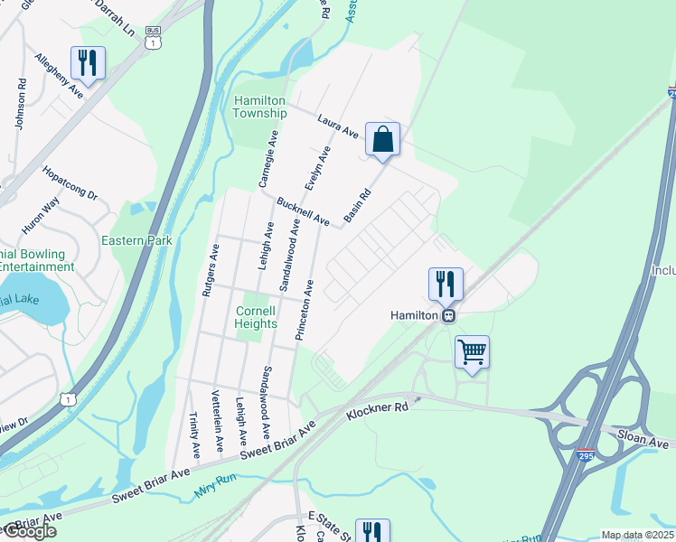 map of restaurants, bars, coffee shops, grocery stores, and more near 23 Flagger Lane in Trenton