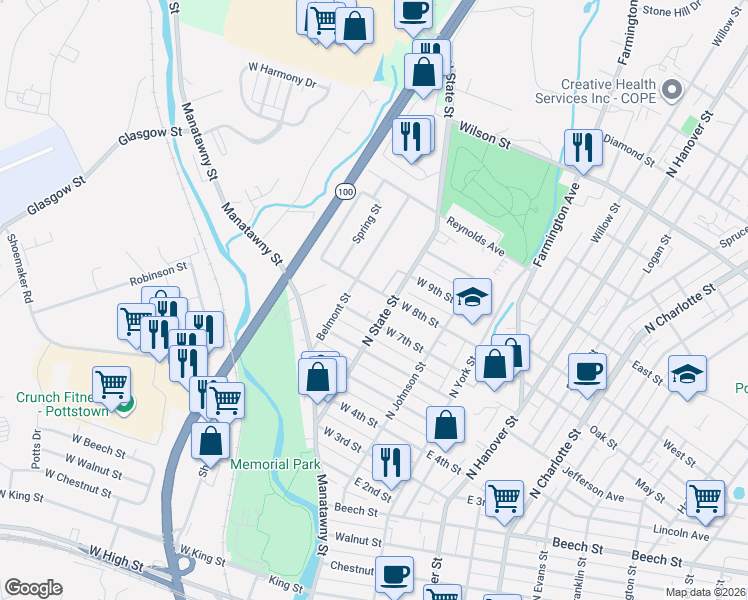 map of restaurants, bars, coffee shops, grocery stores, and more near 116 W 8th St in Pottstown