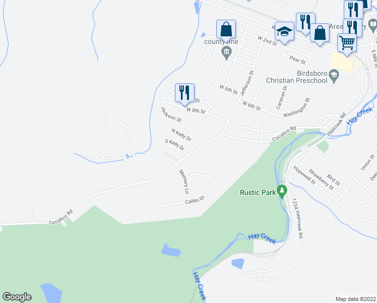 map of restaurants, bars, coffee shops, grocery stores, and more near 100 South Kelly Drive in Birdsboro