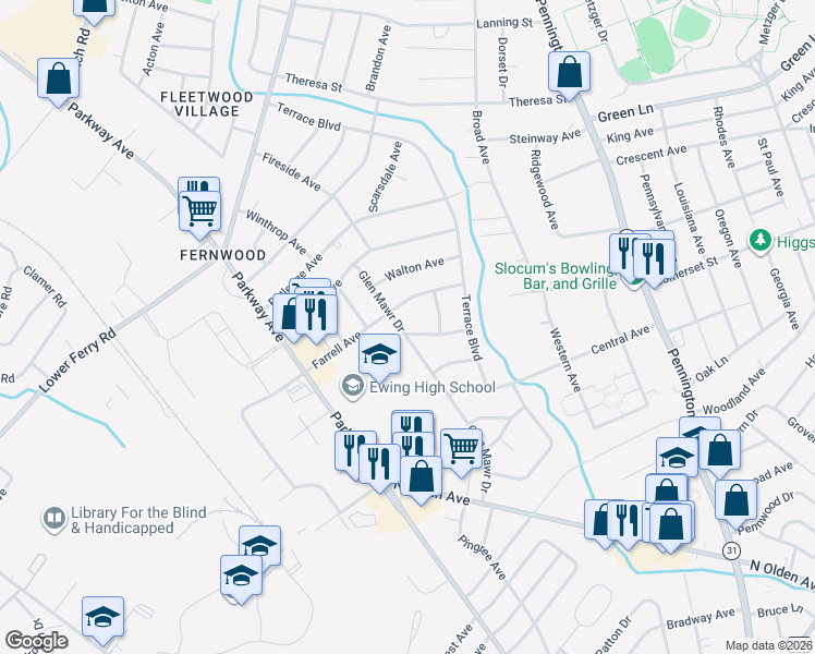 map of restaurants, bars, coffee shops, grocery stores, and more near 1 Wallace Avenue in Trenton