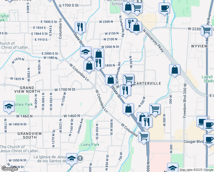 map of restaurants, bars, coffee shops, grocery stores, and more near 1661 Willowbrook Drive in Provo