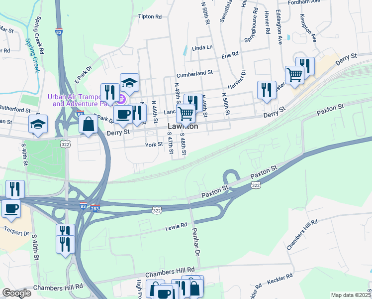 map of restaurants, bars, coffee shops, grocery stores, and more near 131 South 48th Street in Harrisburg