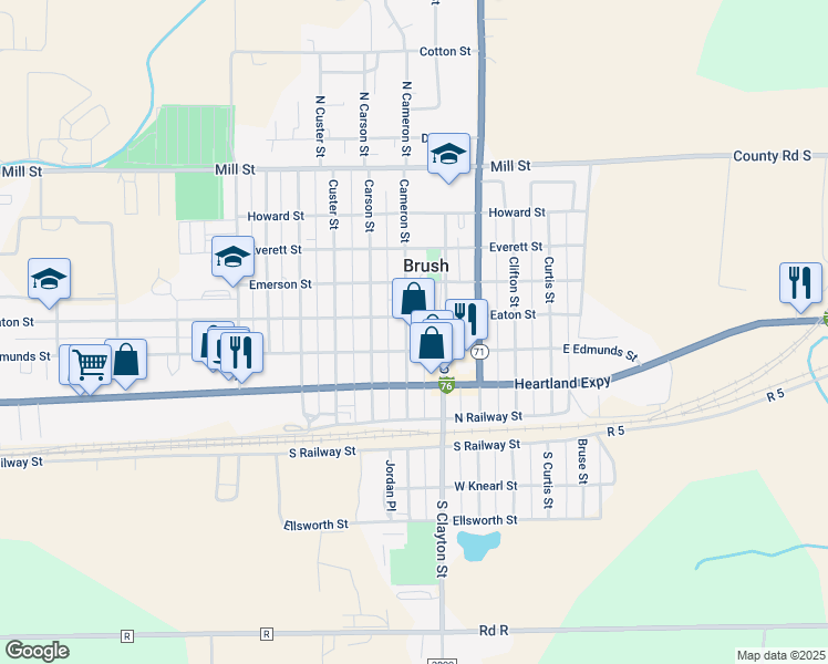 map of restaurants, bars, coffee shops, grocery stores, and more near 313 Cameron Street in Brush